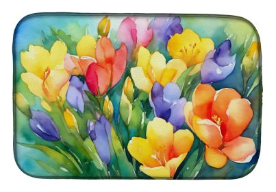 Freesias in Watercolor Dish Drying Mat Absorbent Dish Drying Mat Pad for Kitchen Counter Dish Drainer Mat for Countertop, 14 x 21", Multicolor