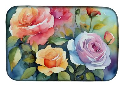 Roses in Watercolor Dish Drying Mat Absorbent Dish Drying Mat Pad for Kitchen Counter Dish Drainer Mat for Countertop, 14 x 21", Multicolor