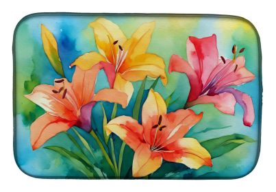 Lilies in Watercolor Dish Drying Mat Absorbent Dish Drying Mat Pad for Kitchen Counter Dish Drainer Mat for Countertop, 14 x 21", Multicolor