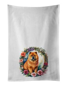 Chow Chow and Flowers Kitchen Towel Set of 2 White Dish Towels Decorative Bathroom Hand towel for Hand, Face, Hair, Yoga, Tea, Dishcloth, 19 X 28"