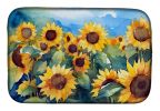 Sunflowers in Watercolor Dish Drying Mat Absorbent Dish Drying Mat Pad for Kitchen Counter Dish Drainer Mat for Countertop, 14 x 21", Multicolor