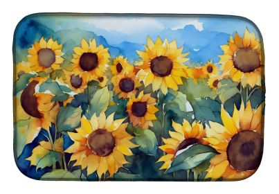 Sunflowers in Watercolor Dish Drying Mat Absorbent Dish Drying Mat Pad for Kitchen Counter Dish Drainer Mat for Countertop, 14 x 21", Multicolor (Default: Default)